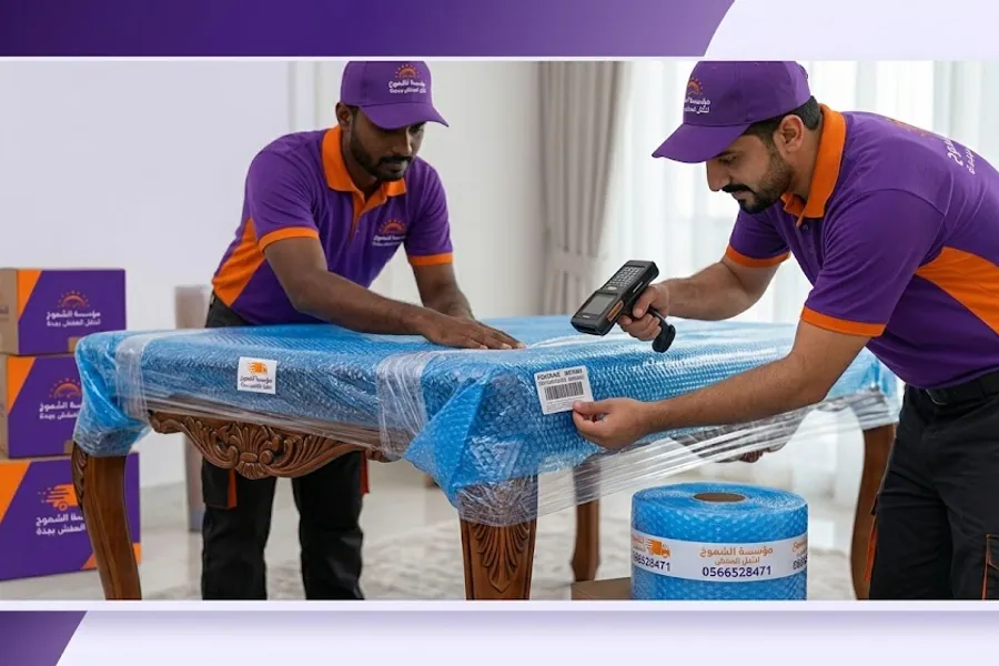 فريق عمال مؤسسة الشموخ أثناء نقل الأثاث